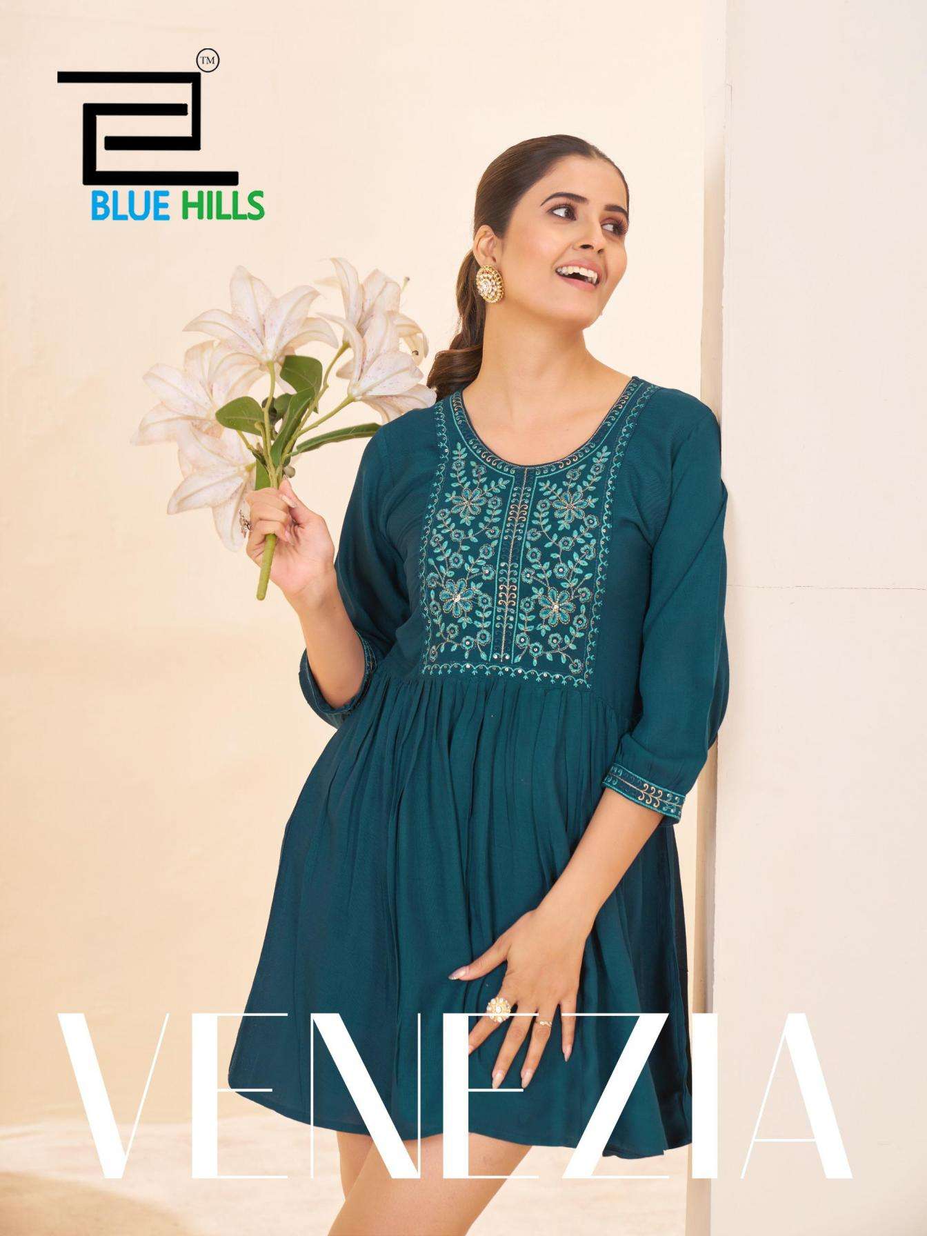 blue hills presents venezia rayon rinkle hit design full stitch western kurti