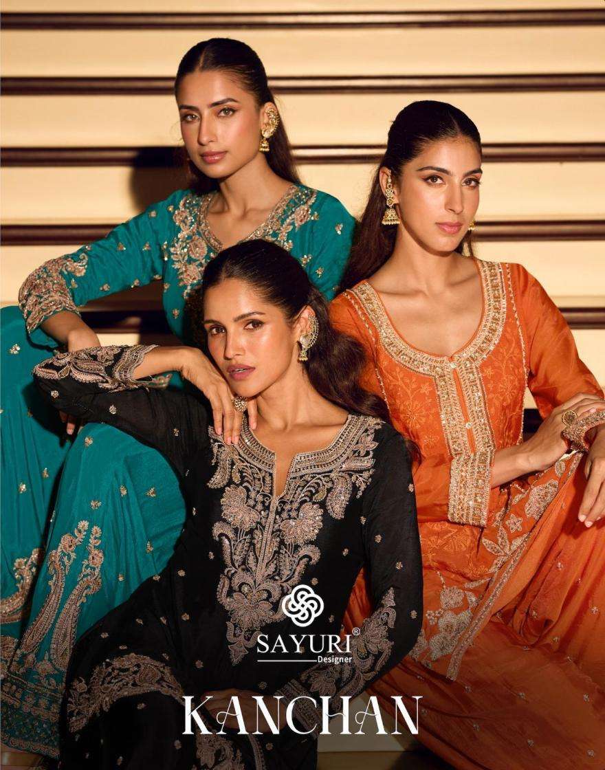sayuri designer presents kanchan chinon silk redymade party wear sharara suits
