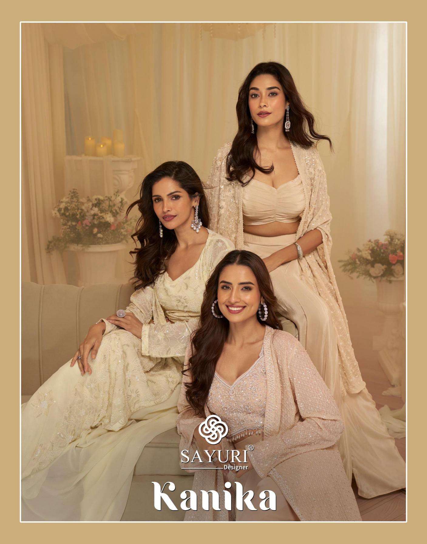 sayuri designer presents kanika  full stitch georgette jacket with blouse & cowl plazzo dress