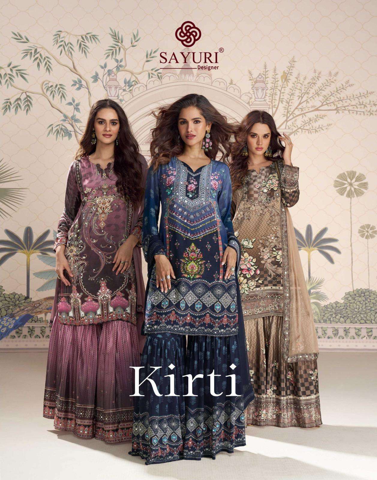 sayuri designer presents kirti crep silk exclusive readymade sharara suits