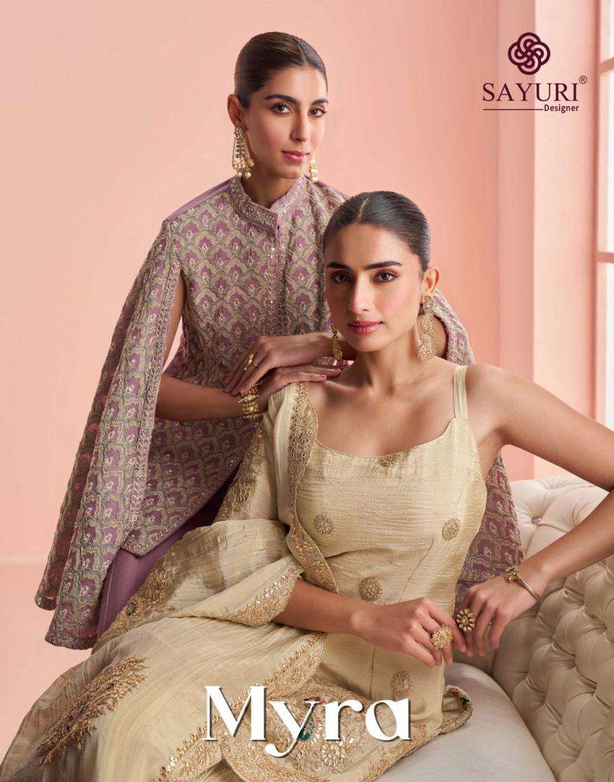 sayuri designer presents myra readymade premium chinon silk sharara & plazzo style dress