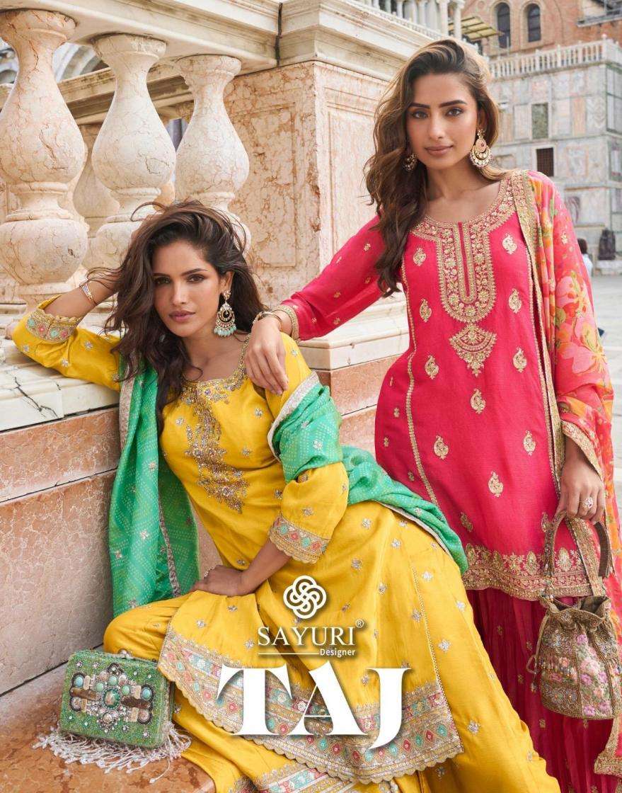 sayuri designer presents taj simar silk readymade exclusive sharara kurti dupatta