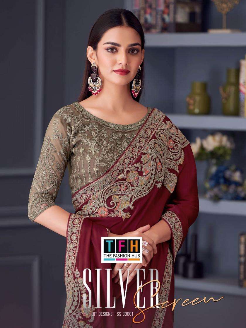 tfh presents silver screen 30001a -30001g florence sartin silk party wear sarees