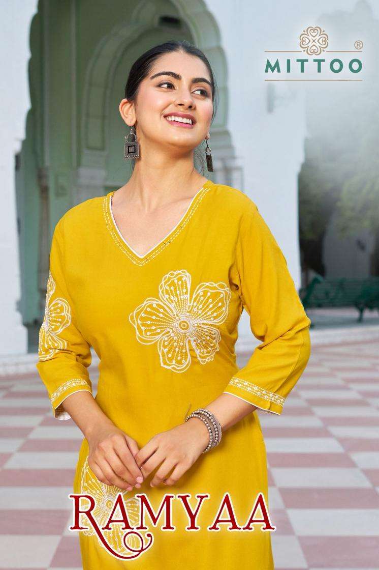mittoo presents ramyaa rayon pretty look full stitch kurti with plazzo