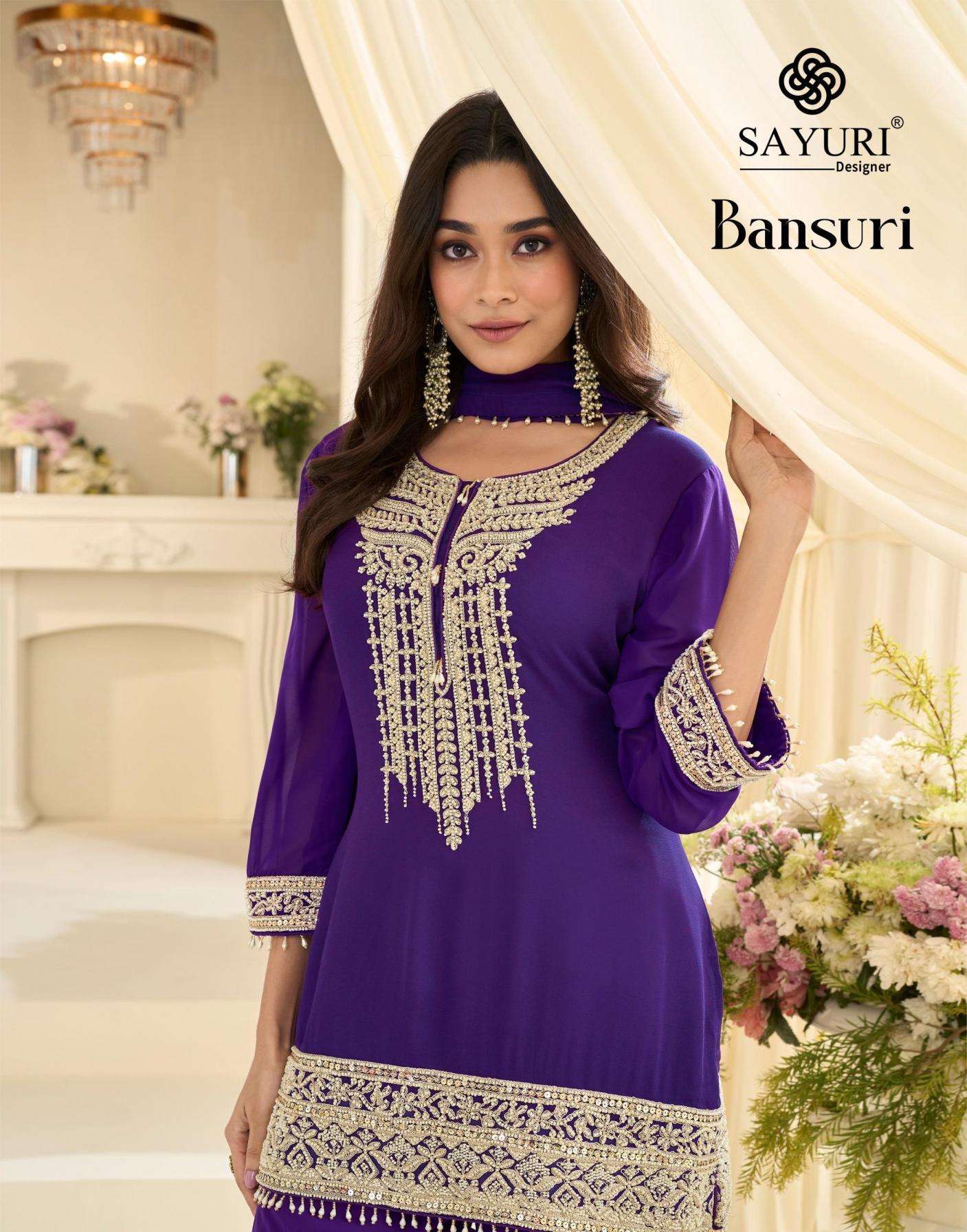 sayuri designer presents bansuri georgette readymade sharara kurti with dupatta