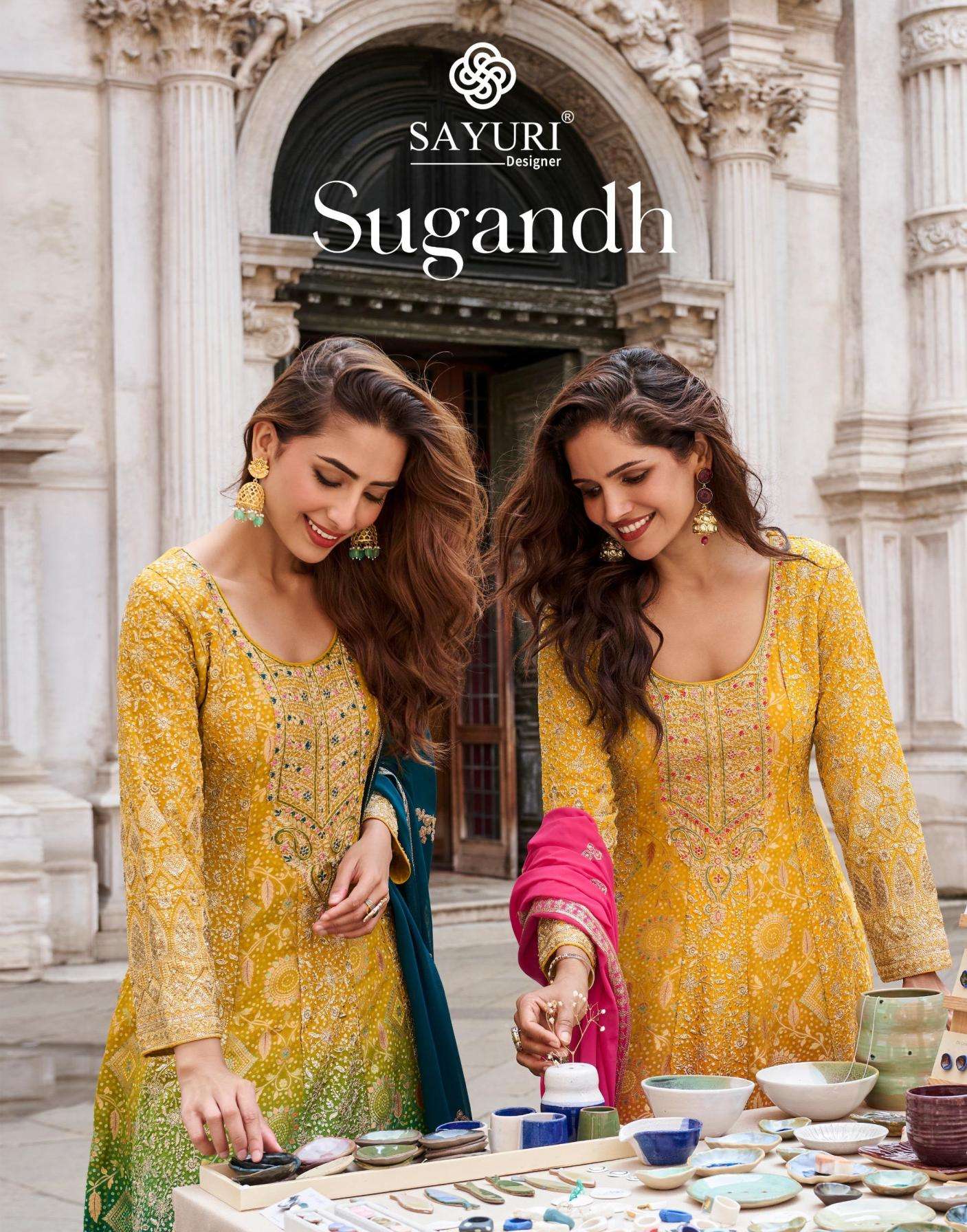 sayuri designer presents sugandh viscose jacquard silk fully stitch sharara suit