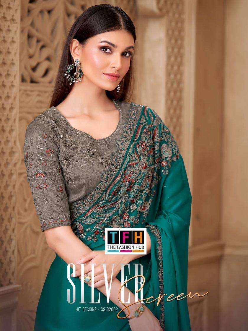tfh presents silver screen 32002 fiona sartin silk designer sarees catalog