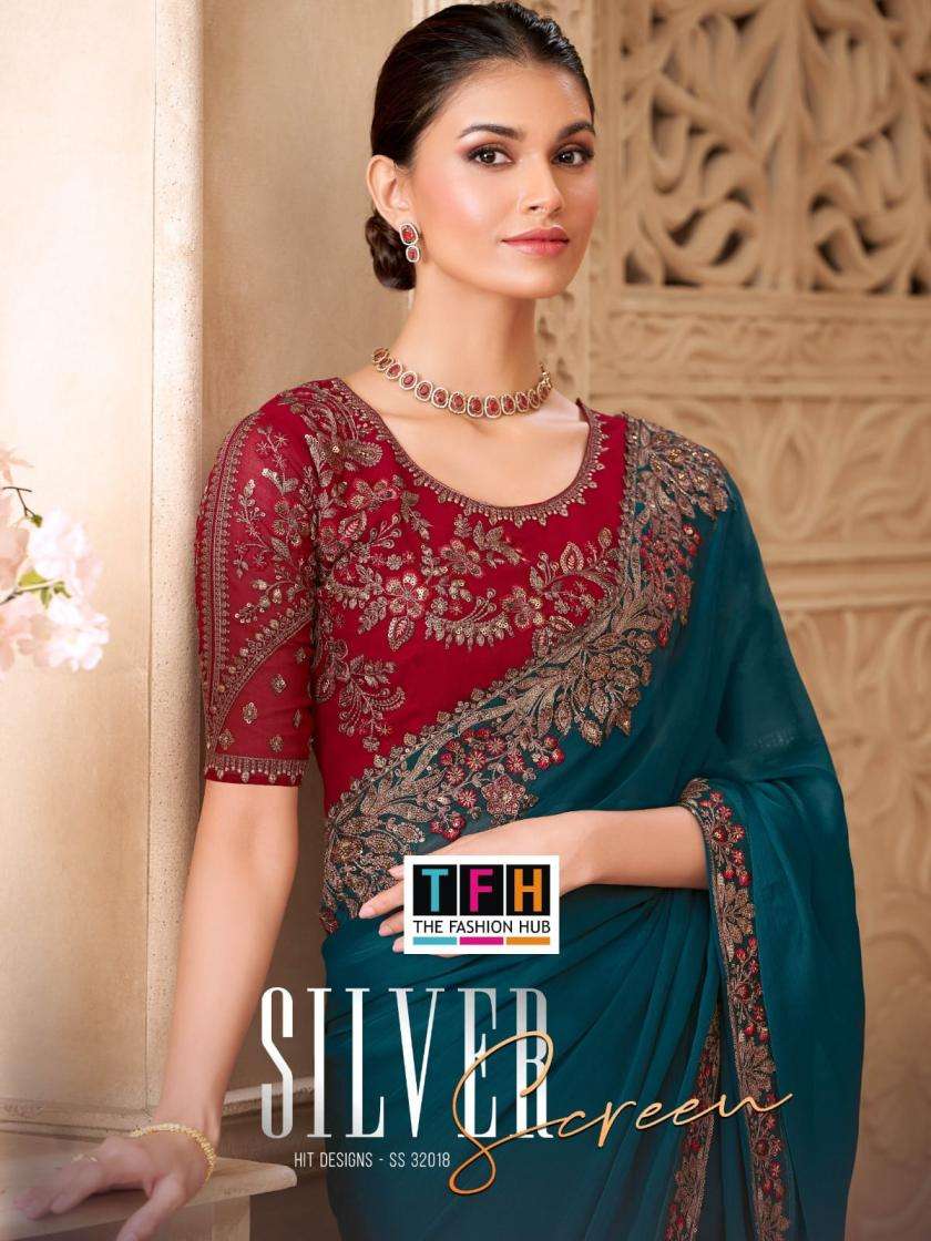 tfh presents silver screen 32018 sartin georgette stylish look sarees