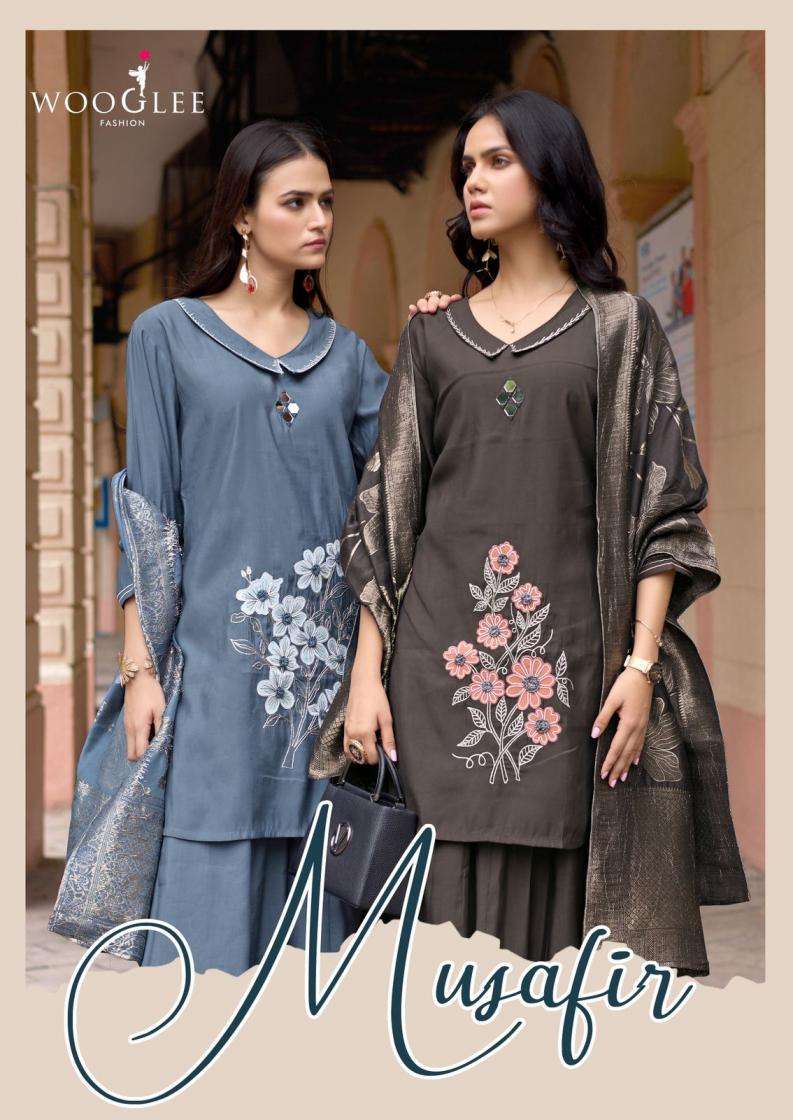 wooglee presents musafir russian silk fully stitch amazing plazzo suits