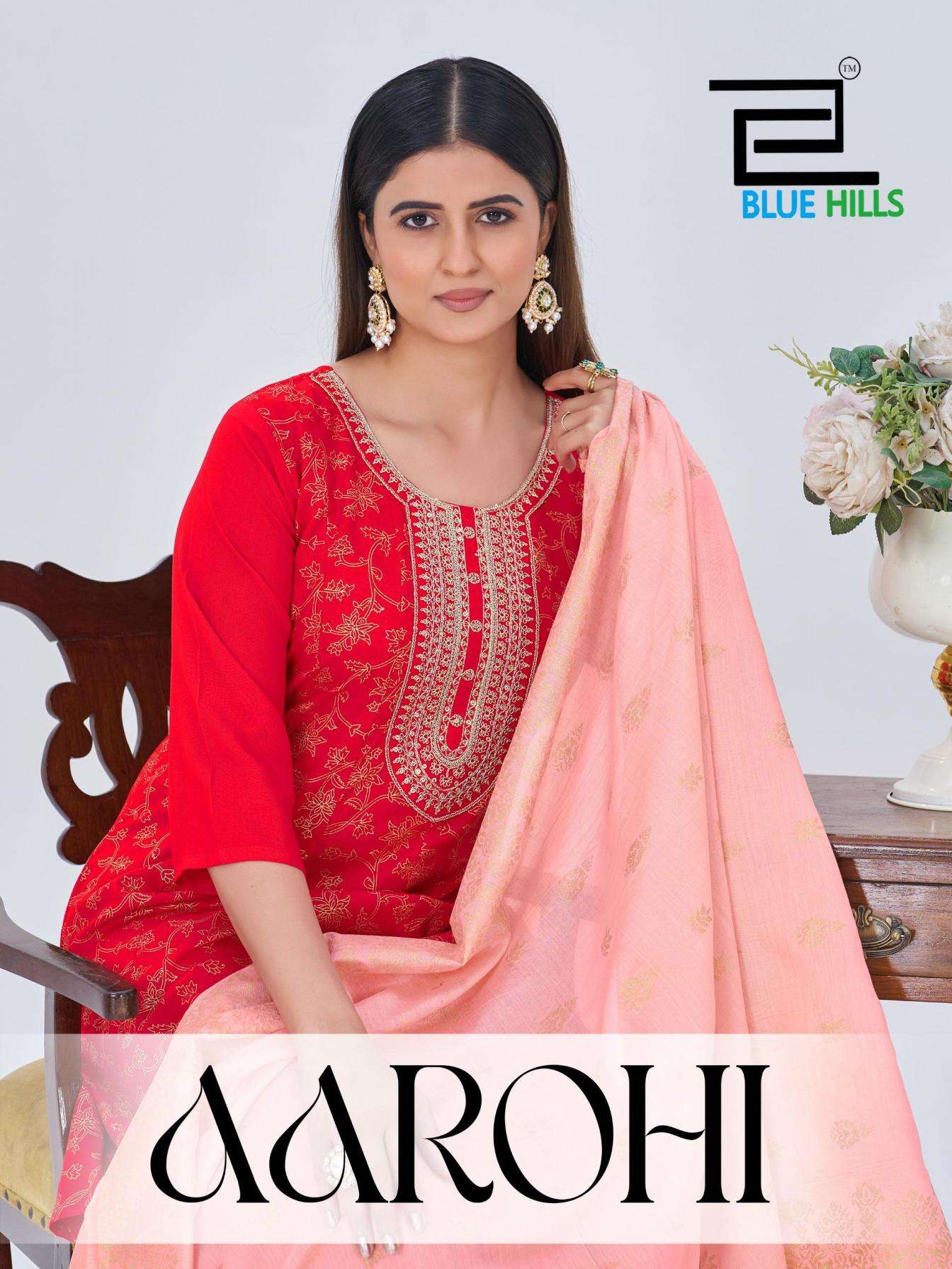 blue hills presents aarohi rayon fully stitched embroidery style 3 pcs suit for women