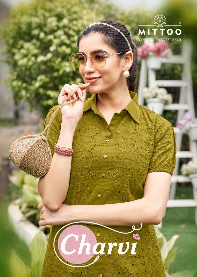 mittoo presents charvi cotton unique readymade stiffly with boring work kurti with pant