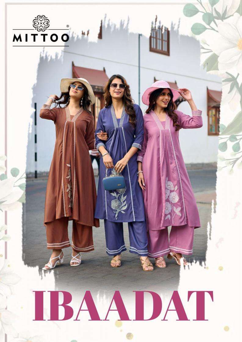 mittoo presents ibaadat readymade rayon thread work co-ord set catalog