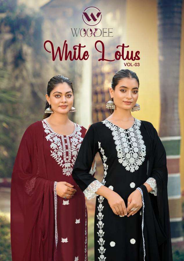 woodee presents white lotus vol 3 liva rayon full stitch classic plazzo style dress