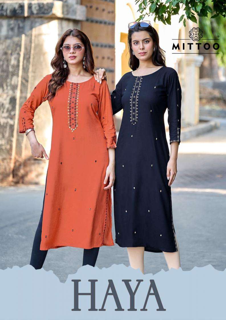 mittoo presents haya readymade rayon thread work long kurtis