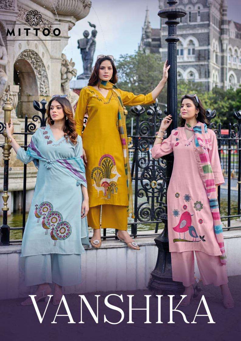 mittoo presents vanshika readymade roman silk thread work plazzo kurti with dupatta