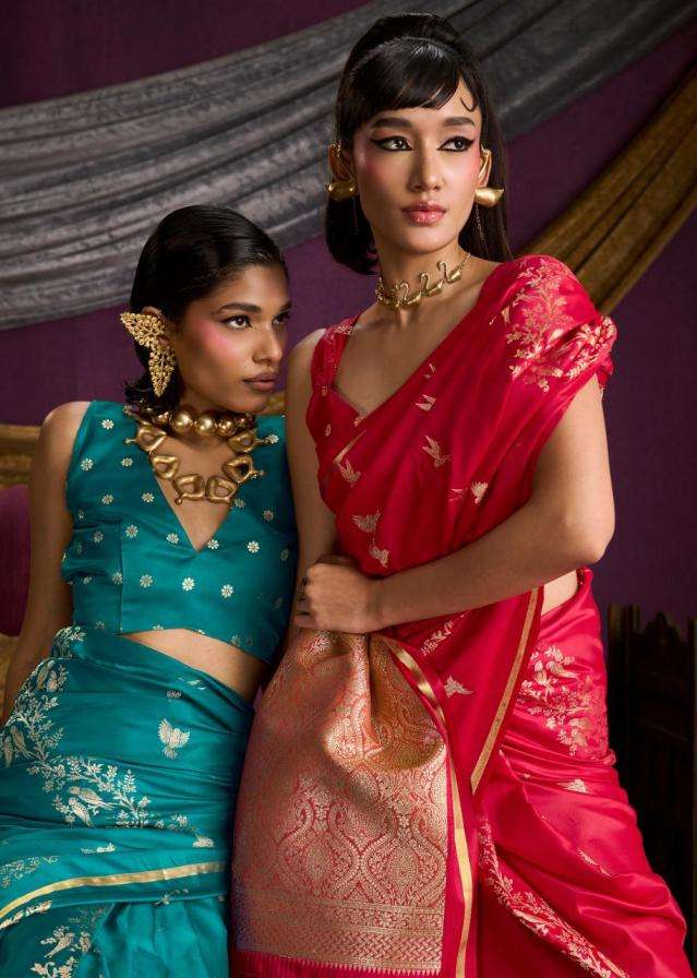 rajtex presents kanthkala indigo satin handloom weaving silk saree 