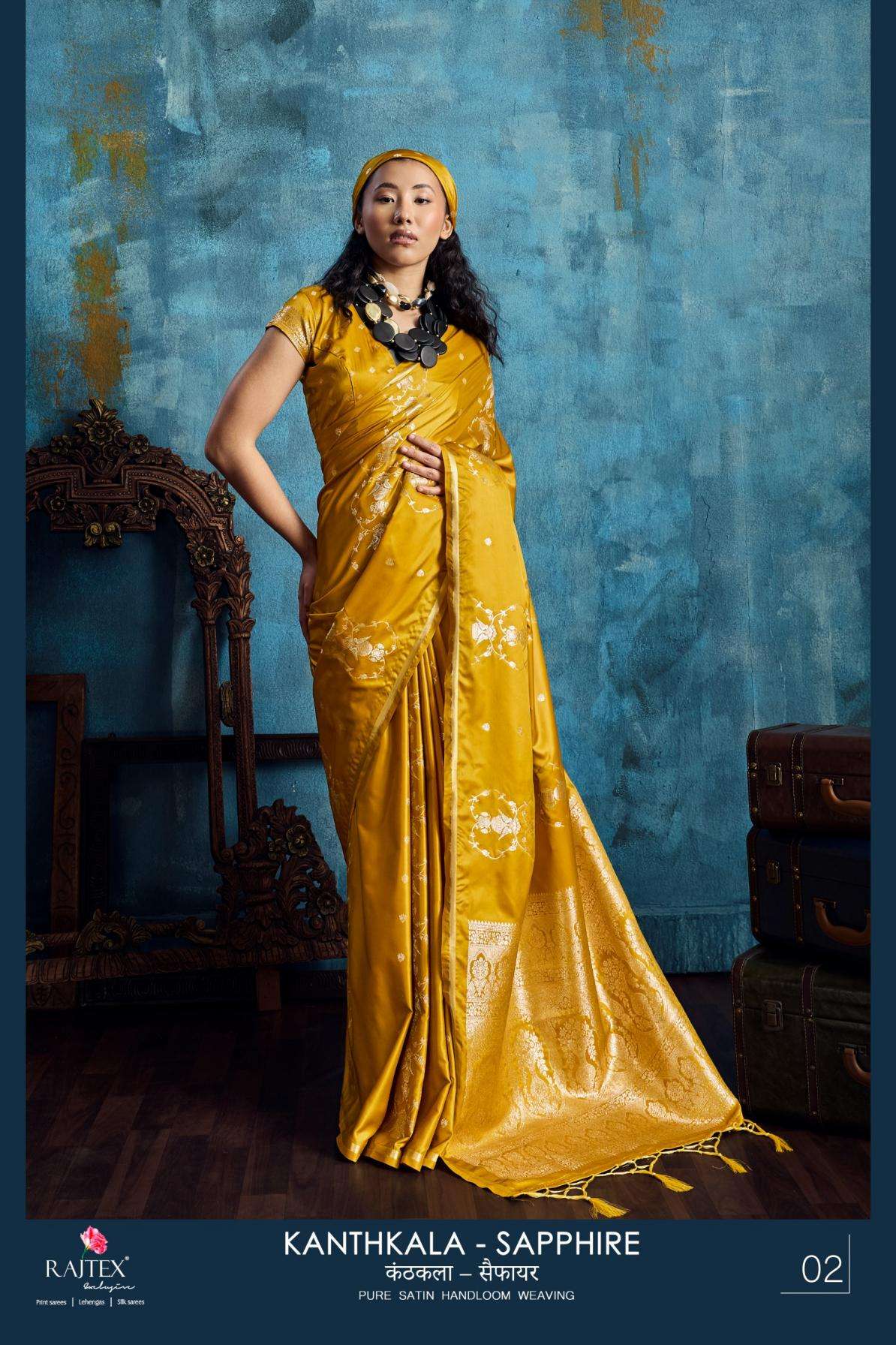 rajtex presents kanthkala sapphire attractive satin handloom weaving sarees