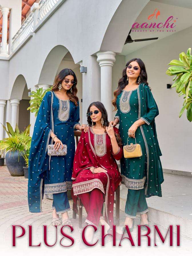 aanchi presents plus charmi full stitch vichitra silk plus size combo 3pcs sets