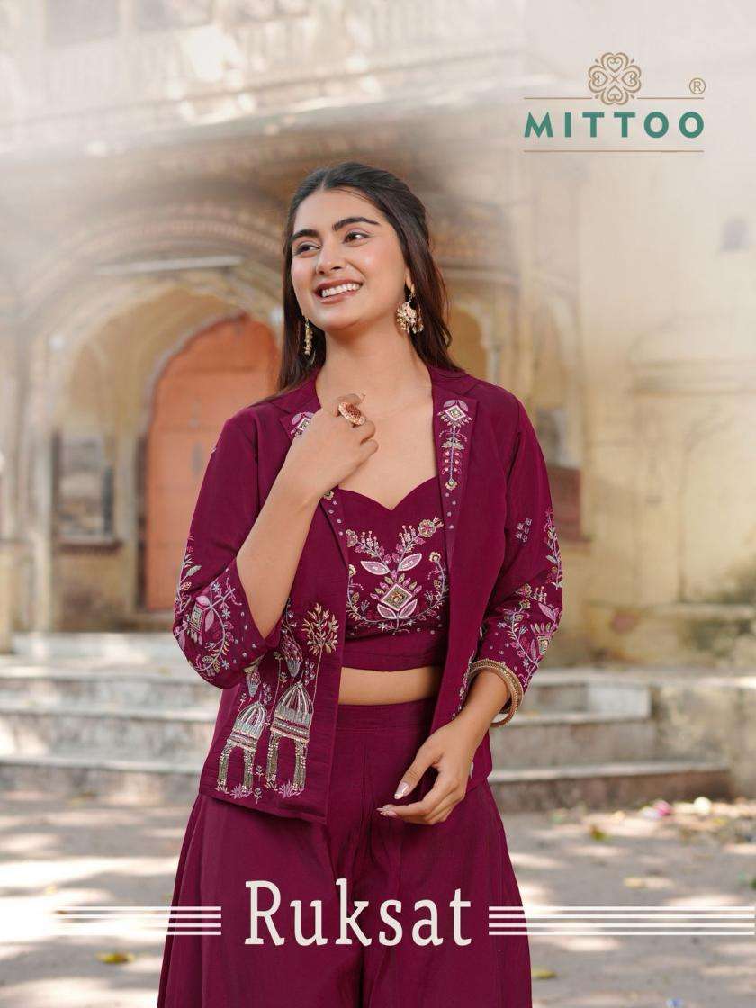 mittoo presents ruksat readymade mul chanderi khatli work kurti plazzo with koti 3pcs sets