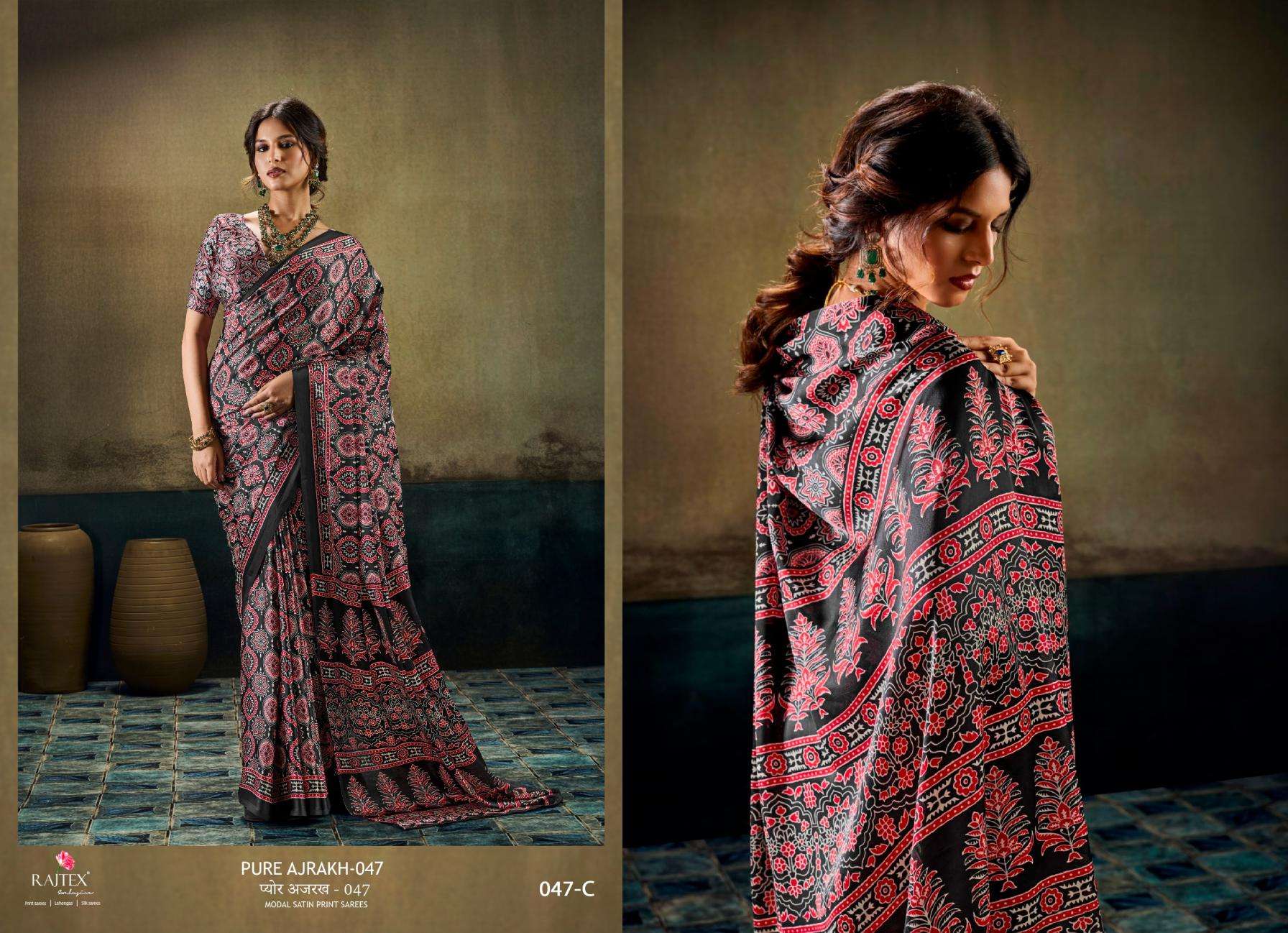 rajtex presents pure ajrakh 47 modal satin unique ajrakh printed sarees