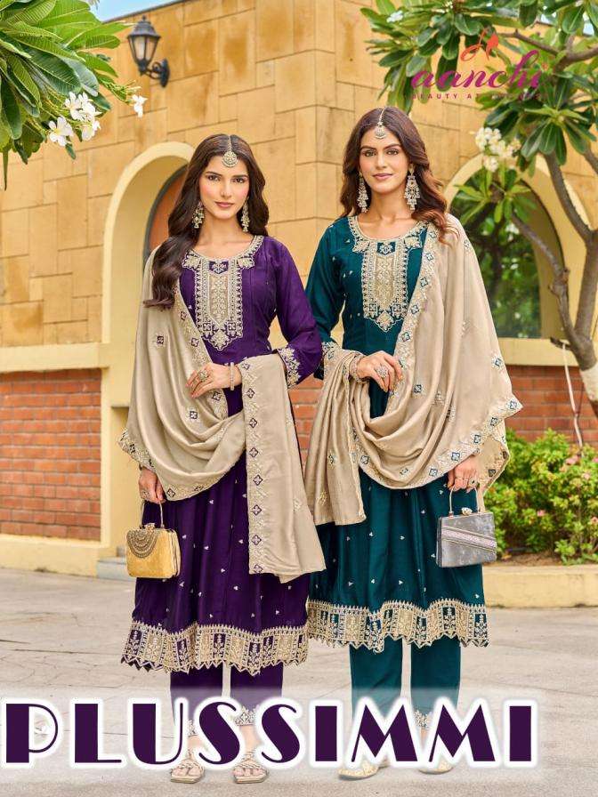 aanchi plus simmi pretty look vichitra silk full stitch combo 3pcs