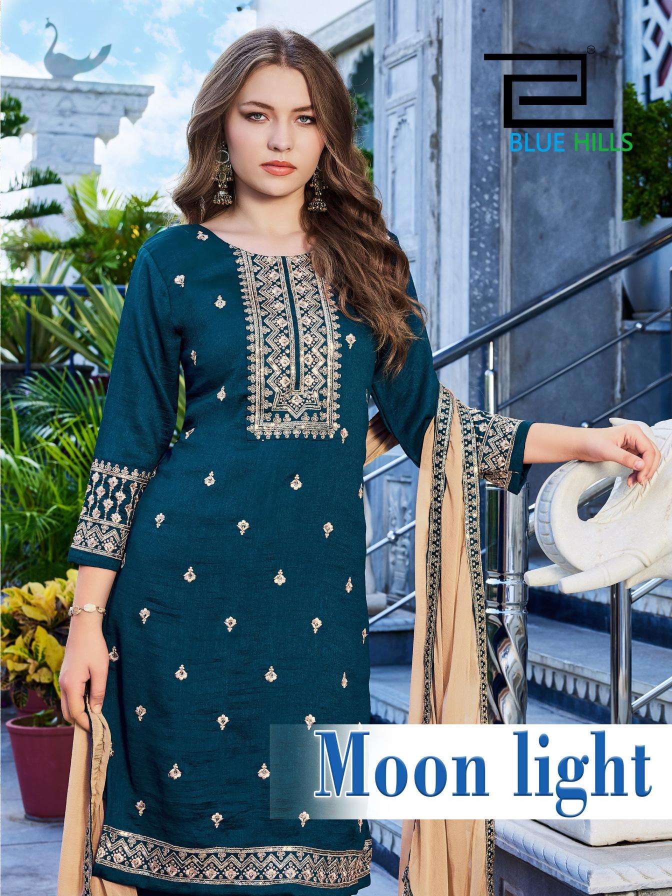 blue hills moon light vichitra with crape plazzo style combo 3pcs 