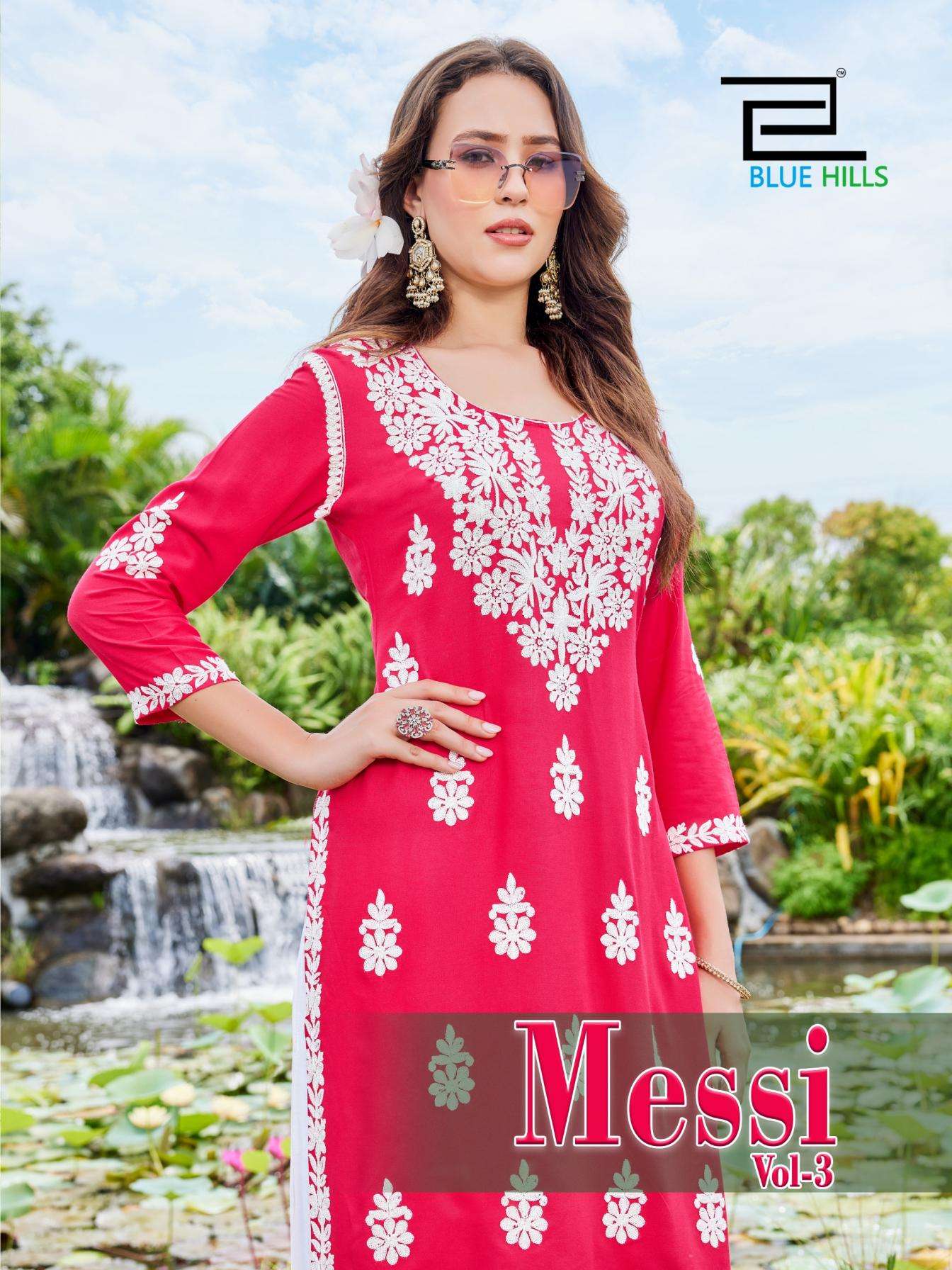 blue hills messi vol 3 full stitch rayon thread work combo plus size kurti with plazzo