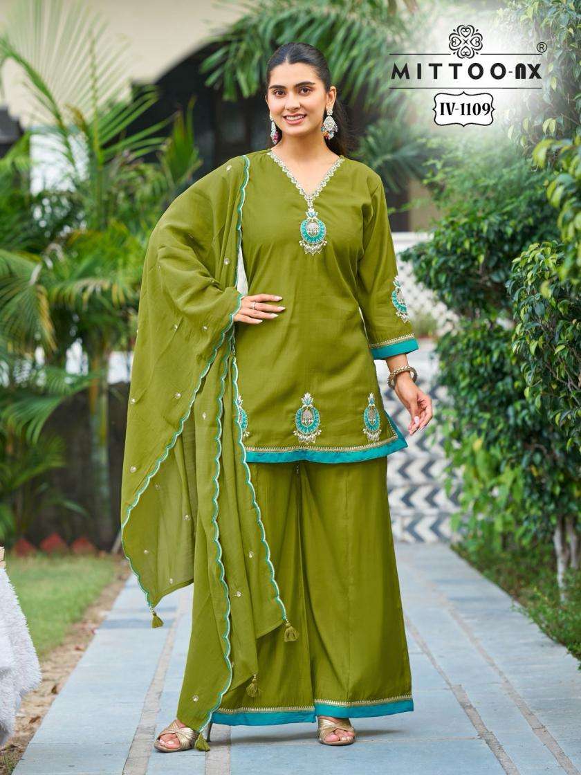 mittoo 1109 & 1110 roman silk fully stitch combo plazzo 3pcs dress