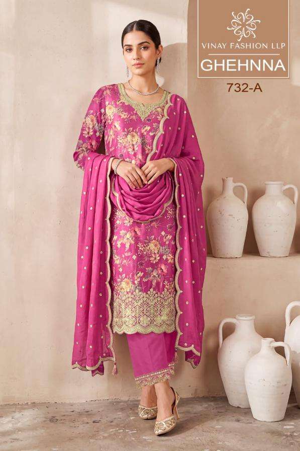 vinay fashion ghehnna hit design chinon unstitch 3pcs set