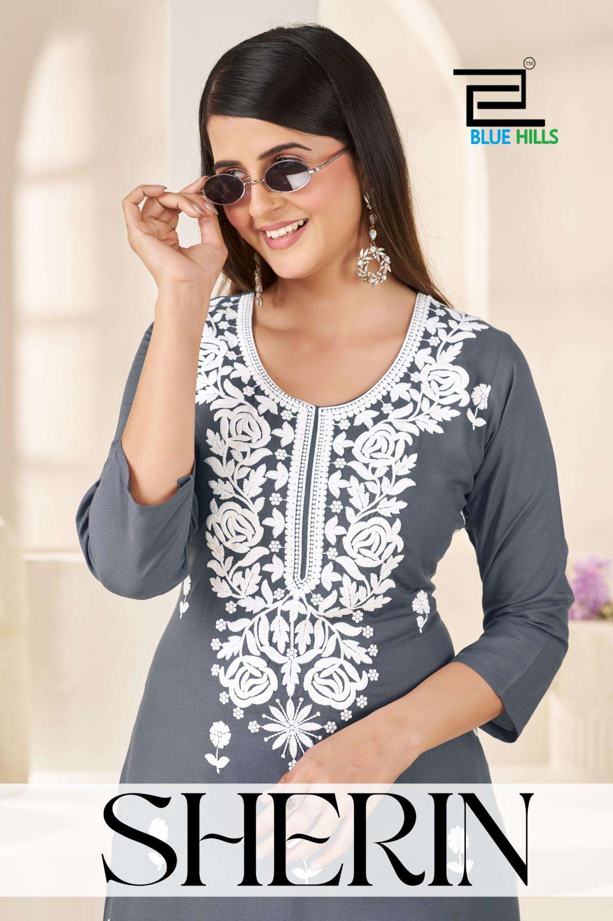 blue hills sherin full stitch rayon white thread work combo big size kurti with plazzo