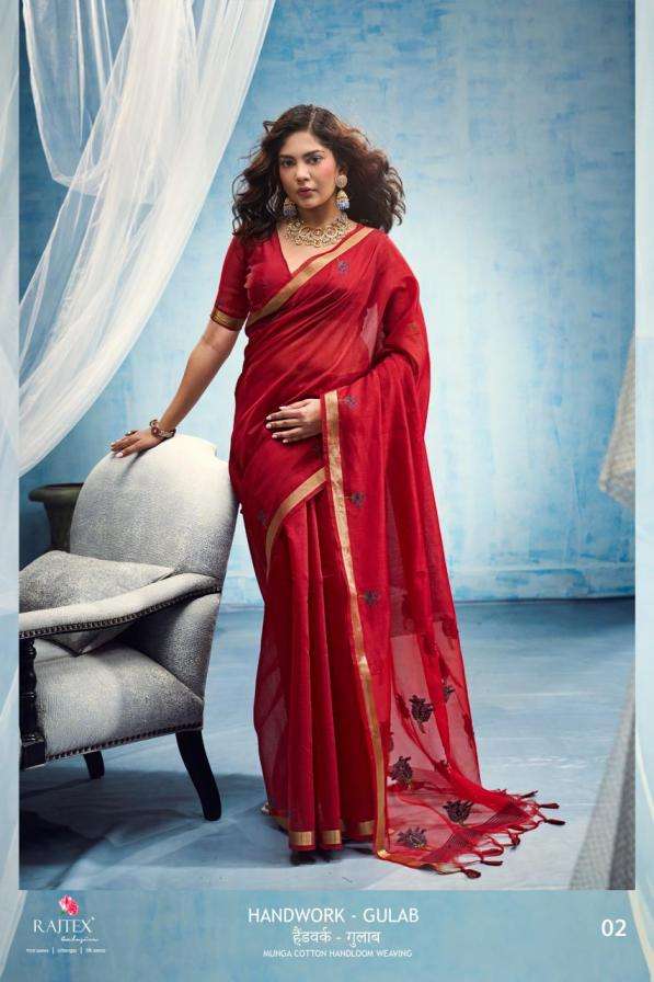 rajtex handwork gulab munga cotton handloom trendy saree