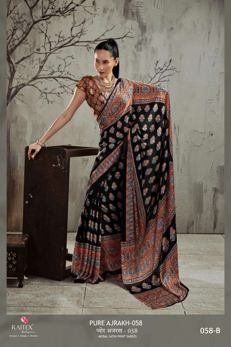 rajtex pure ajrakh 058 modal satin print saree 2026