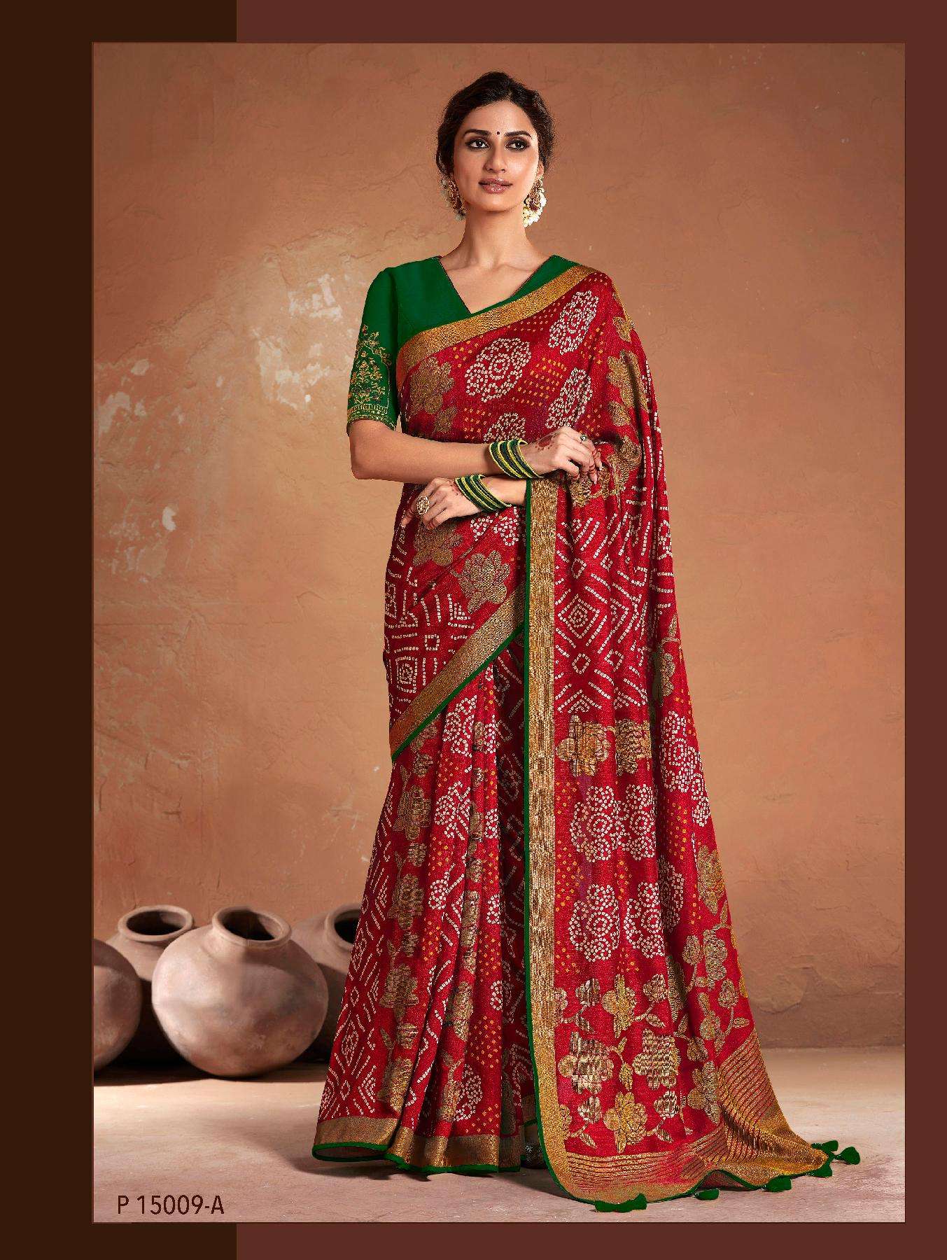 kimora presents meera 15009-c hit colour beautiful designer bandhani printed sarees catalog wholesaler and exporters