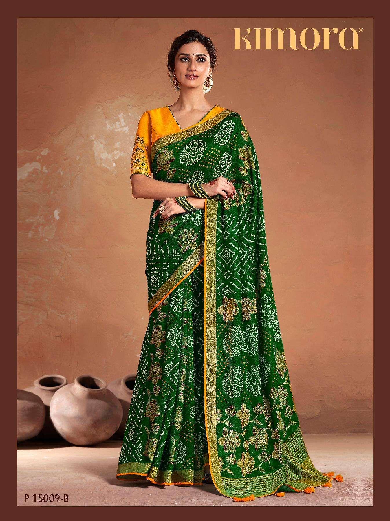 kimora presents meera 15009-c hit colour beautiful designer bandhani printed sarees catalog wholesaler and exporters