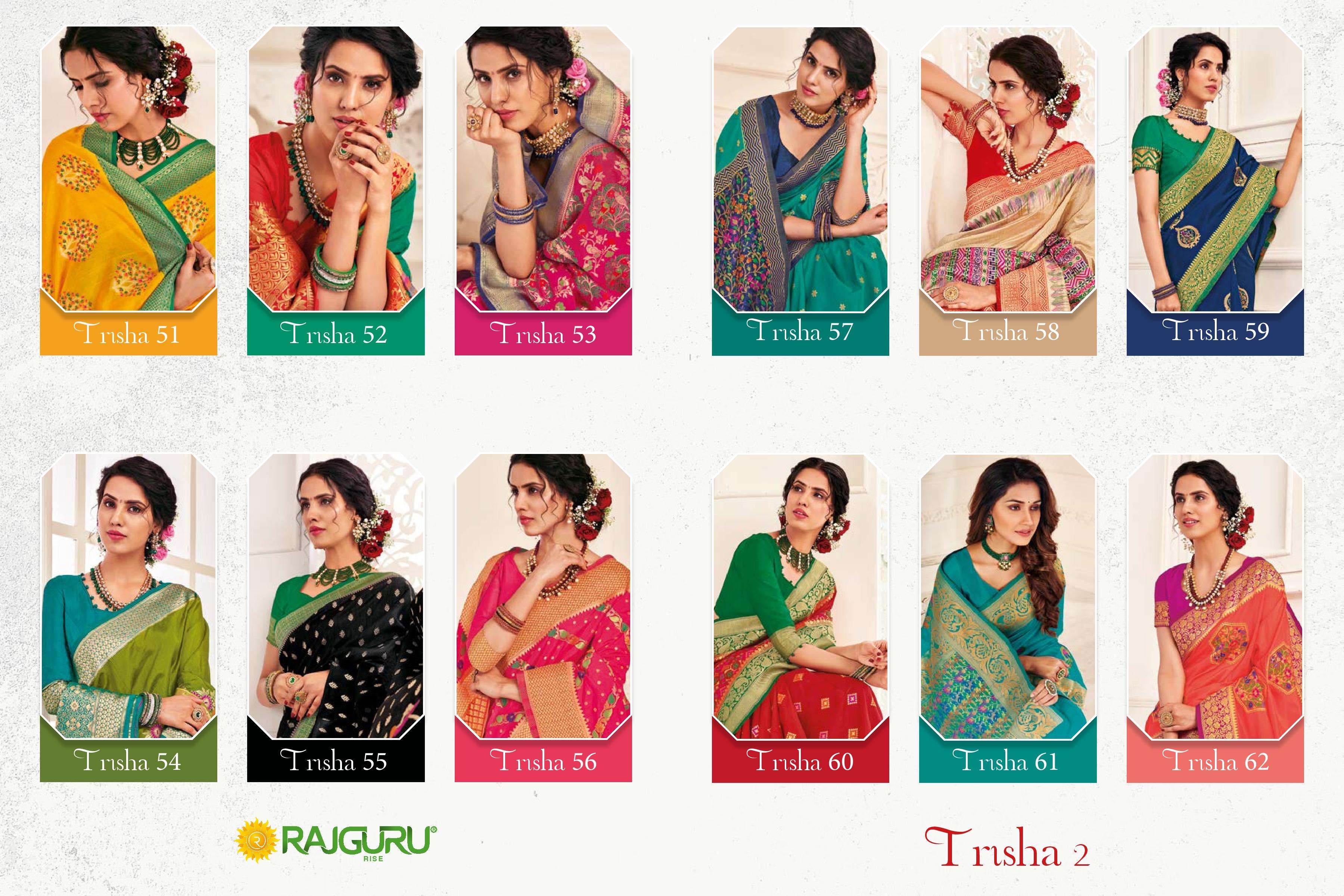 rajguru presents trisha vol-2 designer partywear dola silk with resham meena work sarees catalog wholesaler and exporters