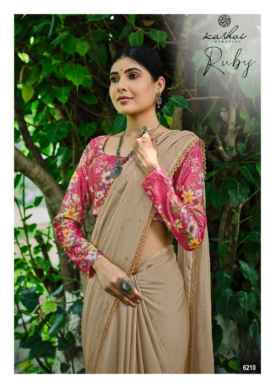 Kashvi presents ruby moss chiffon Swarovski diamond work plain sarees ...