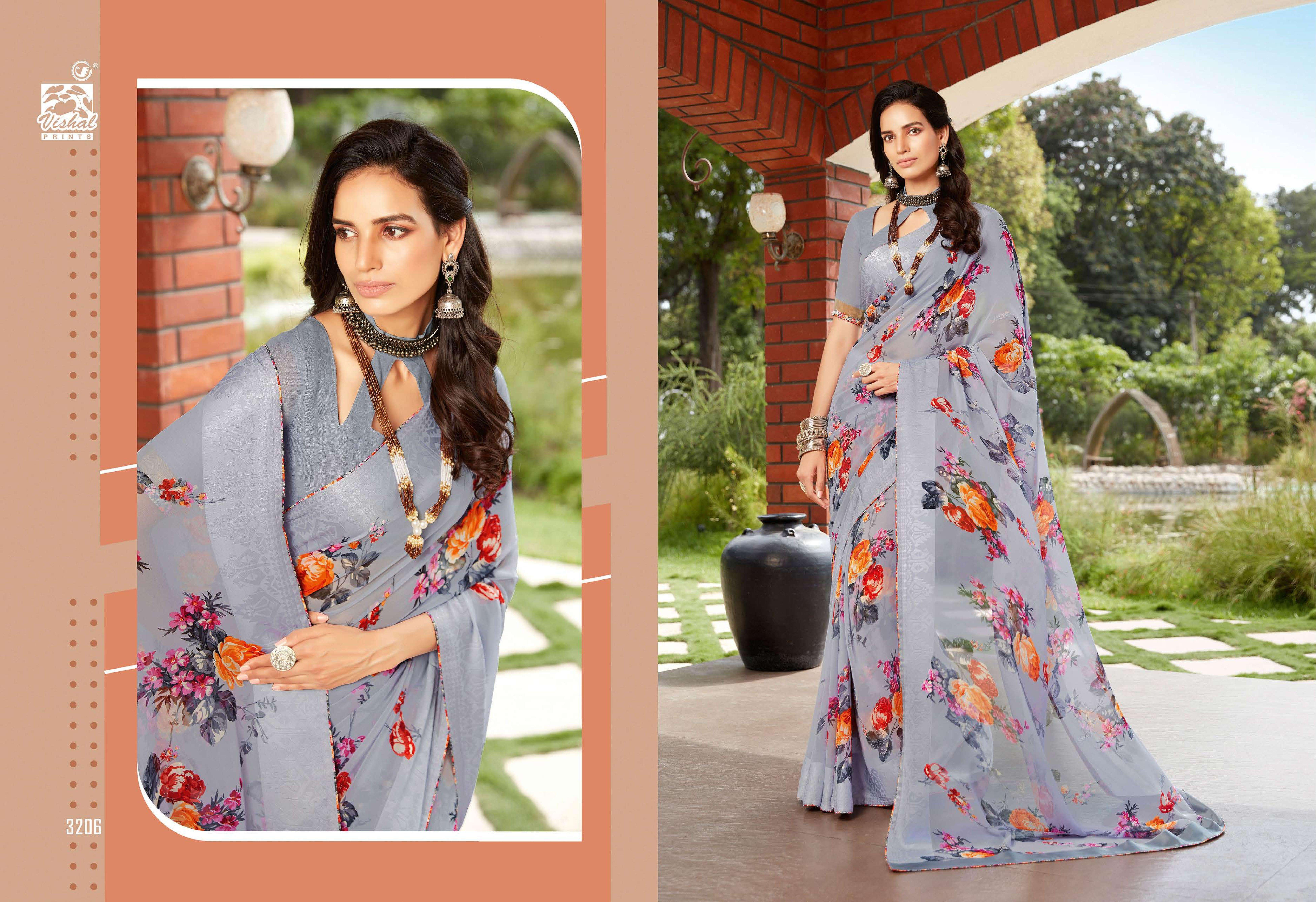 vishal sarees presents celina digital flover printed georgette sarees catalog wholesaler and exporters