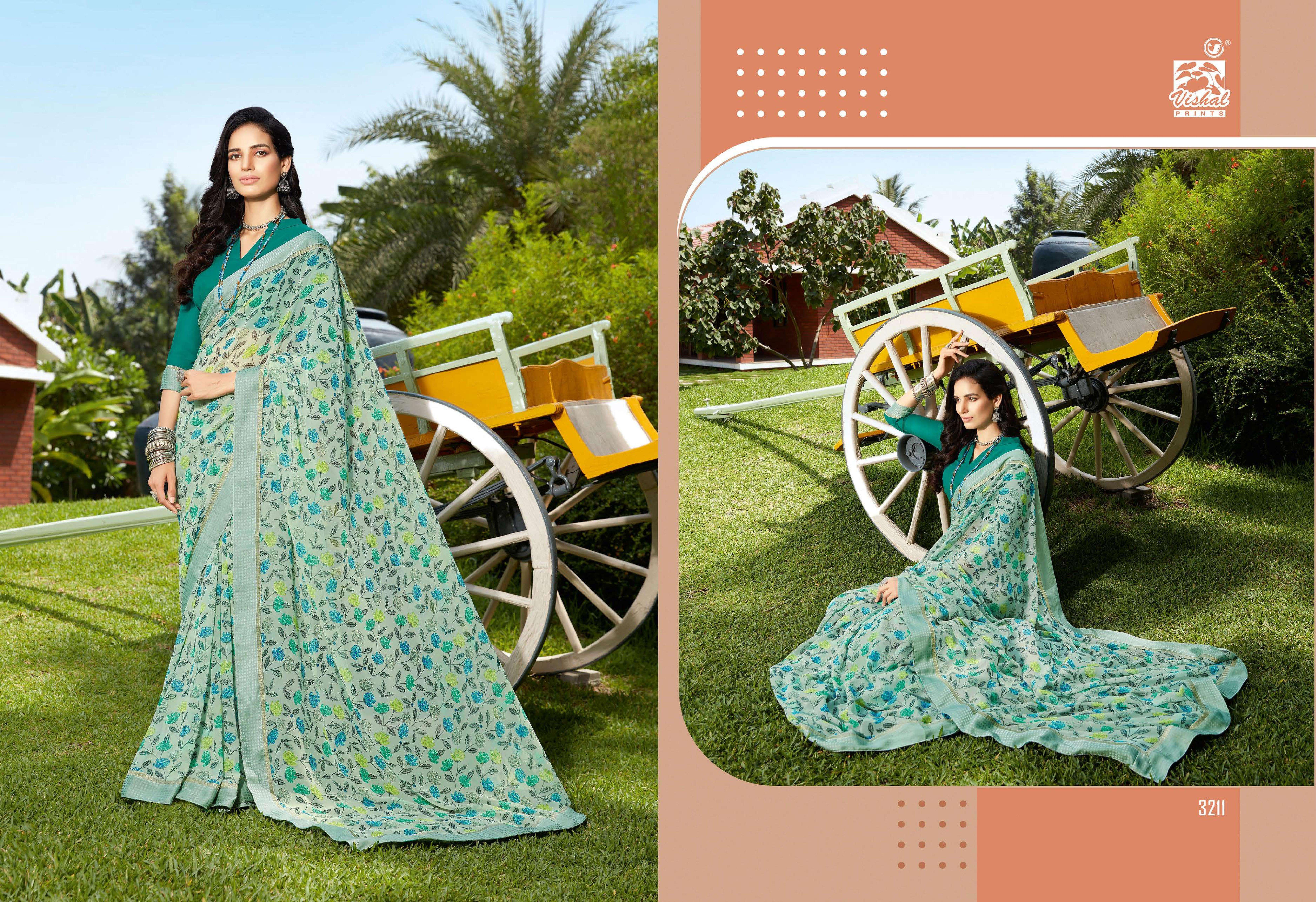 vishal sarees presents celina digital flover printed georgette sarees catalog wholesaler and exporters