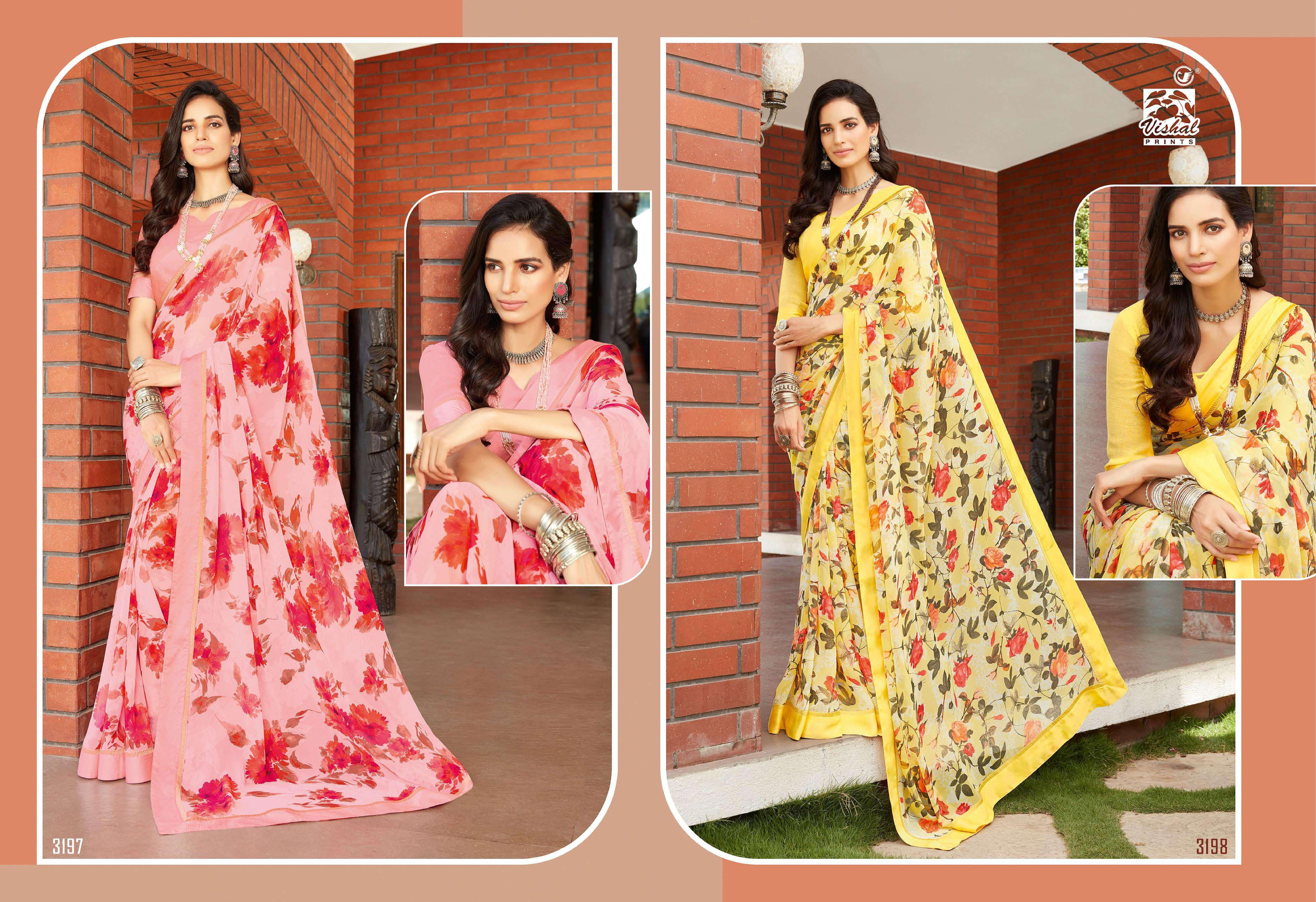 vishal sarees presents celina digital flover printed georgette sarees catalog wholesaler and exporters