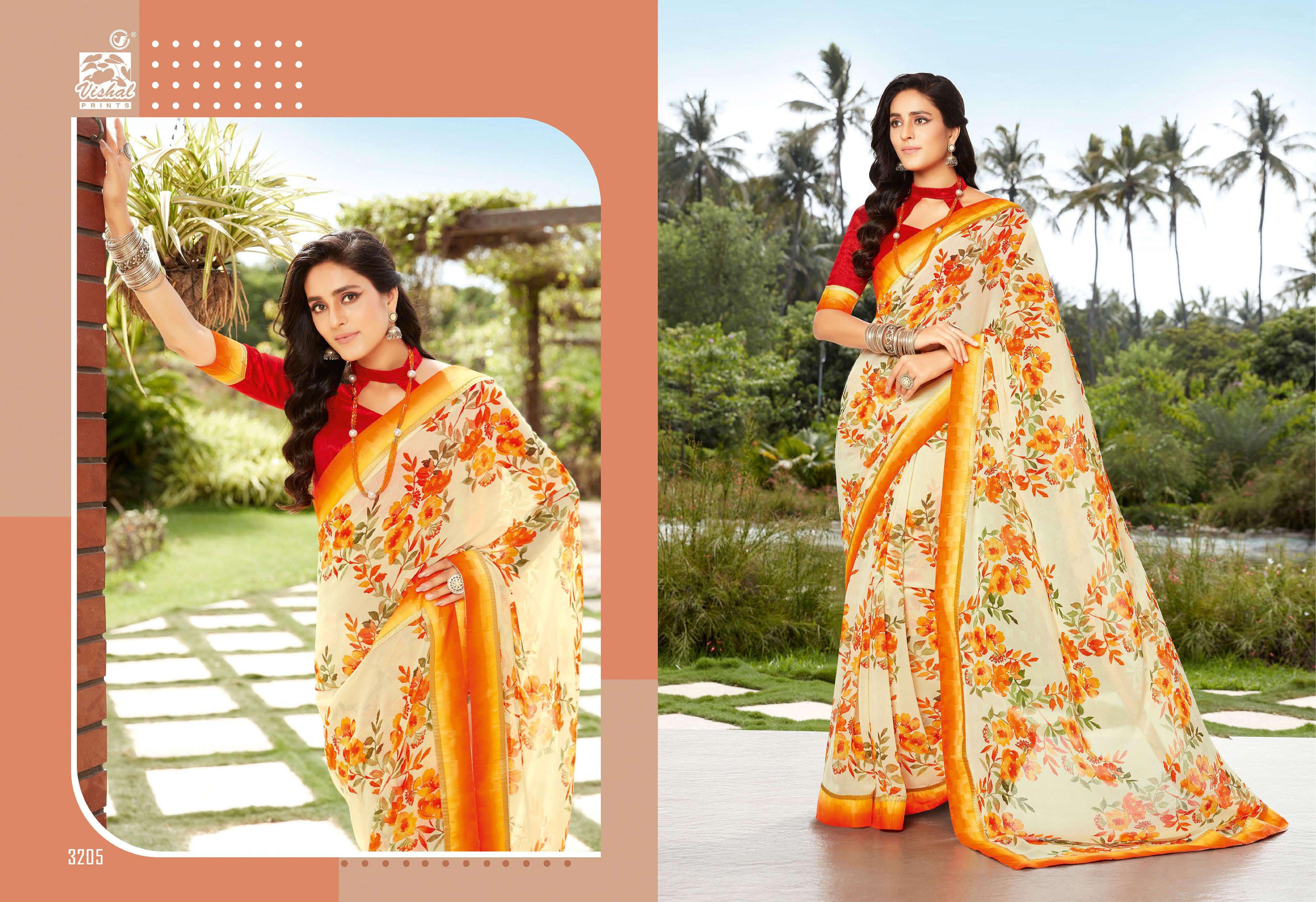 vishal sarees presents celina digital flover printed georgette sarees catalog wholesaler and exporters