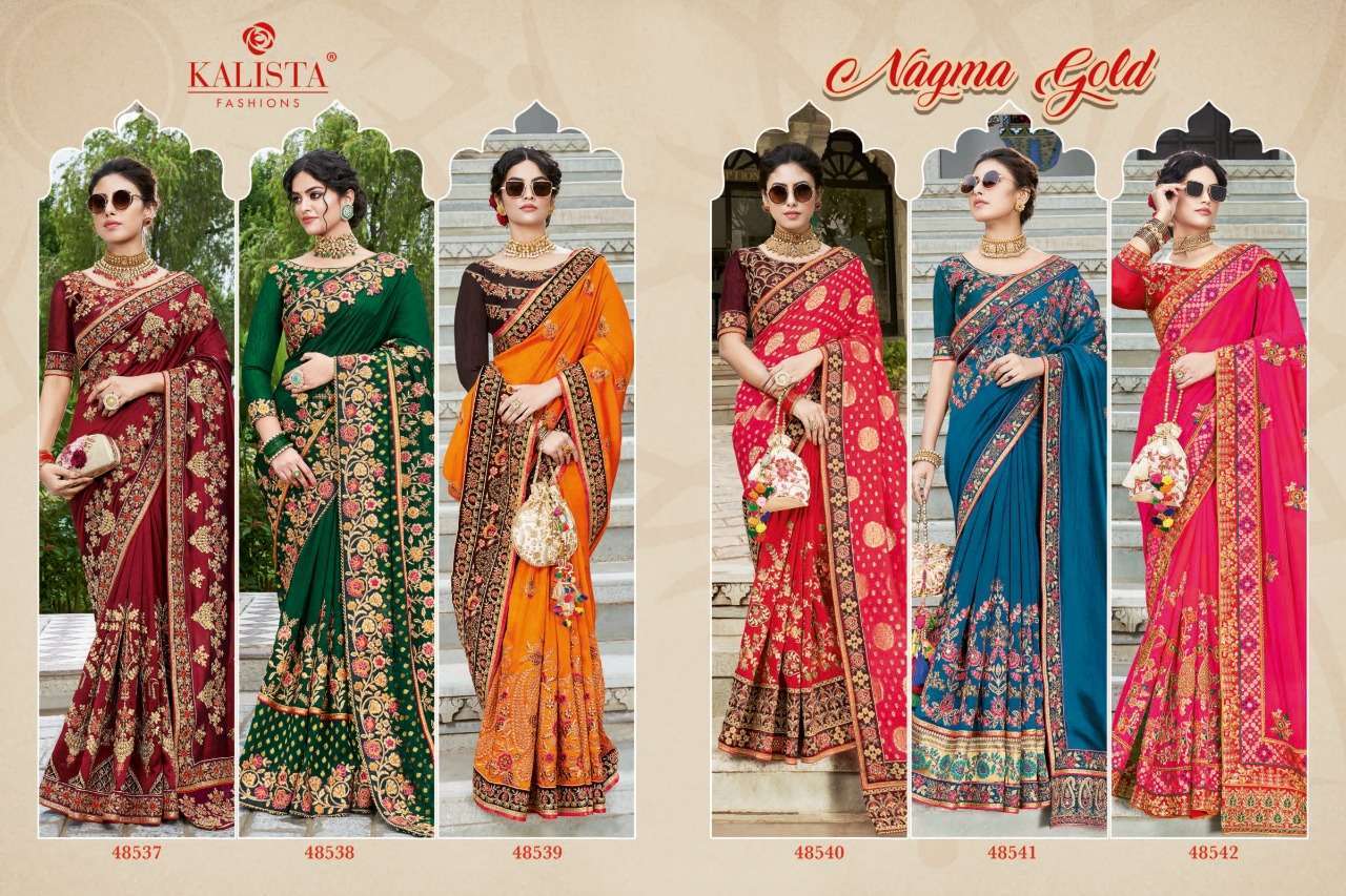 KALISTA PRESENTS NAGMA GOLD SILK HEAVY EMBROIDERY DESIGNER SAREE