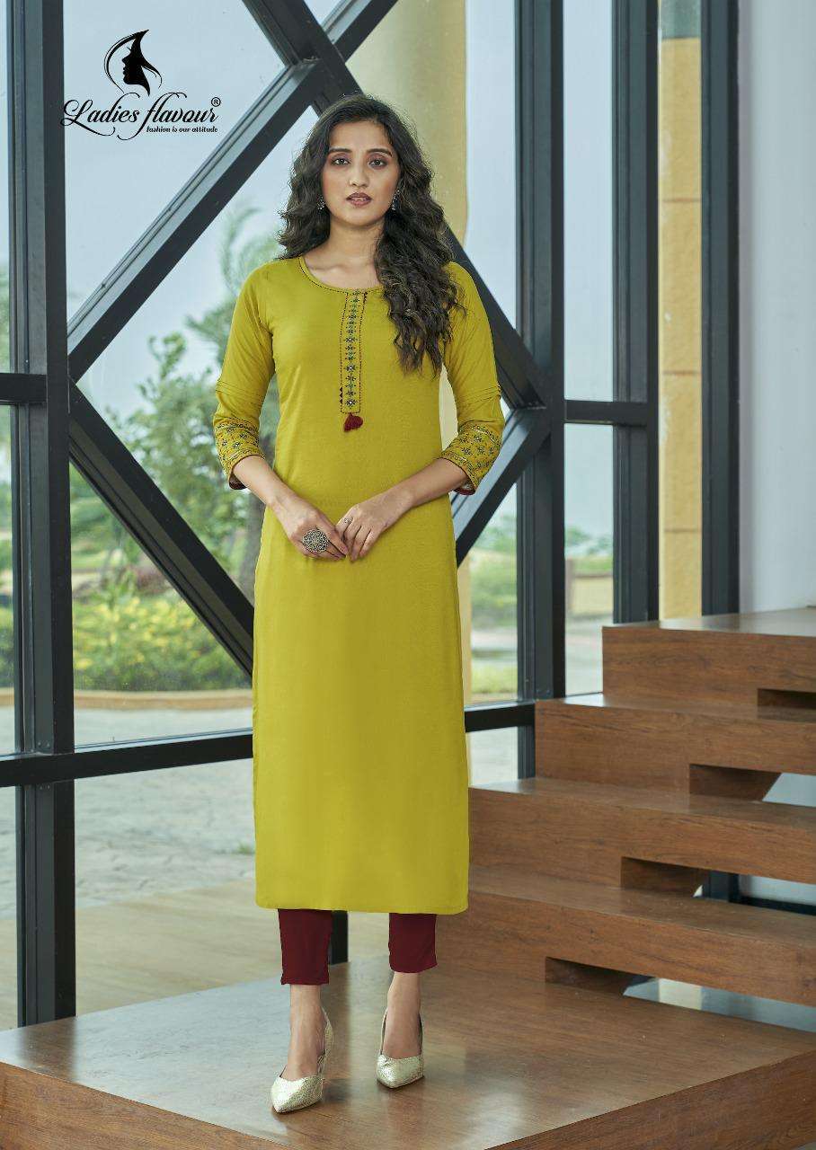 Ladies flavour presents Serena vol-5 Rayon embroidery work kurtis catalog 