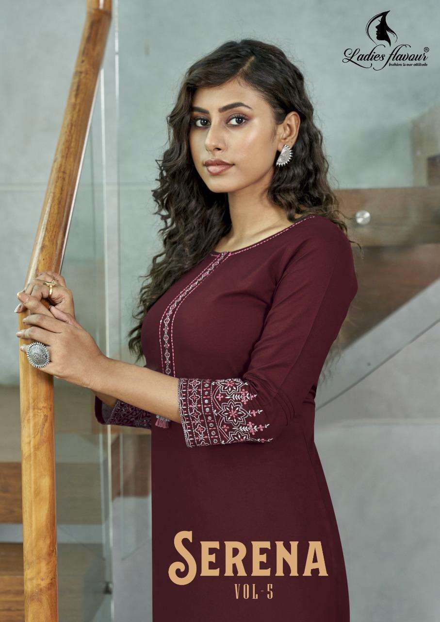 Ladies flavour presents Serena vol-5 Rayon embroidery work kurtis catalog 