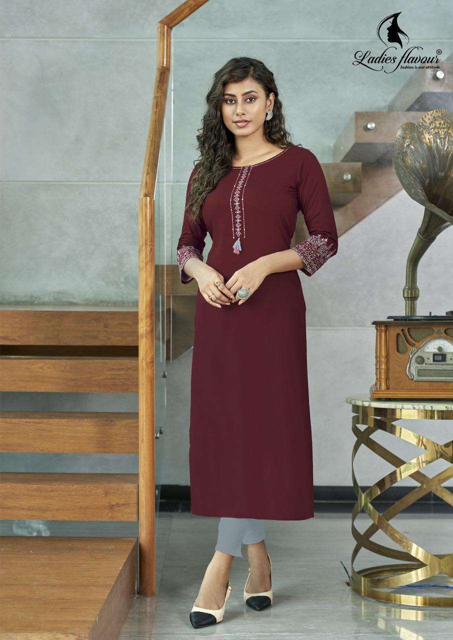 Ladies flavour presents Serena vol-5 Rayon embroidery work kurtis catalog 