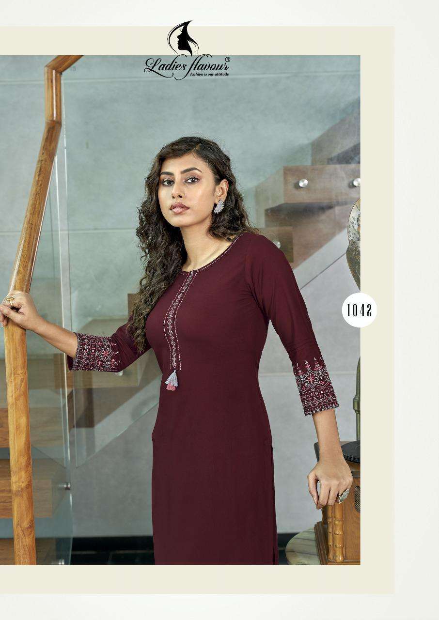 Ladies flavour presents Serena vol-5 Rayon embroidery work kurtis catalog 