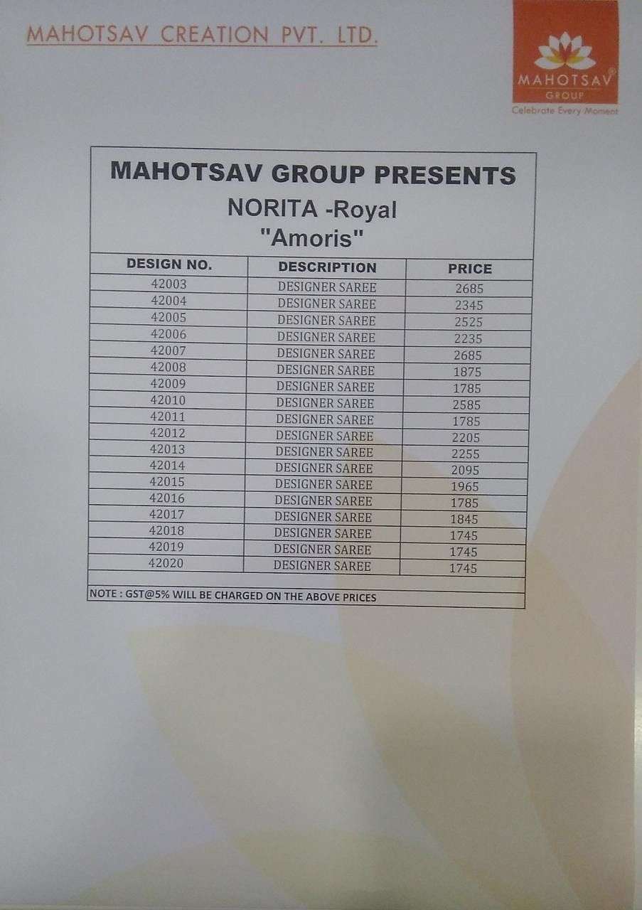 MAHOTSAV PRESENTS NORITA AMORIS 42003 TO 42020 SERIES DESIGNER FANCY SAREES CATALOG WHOLESALER 