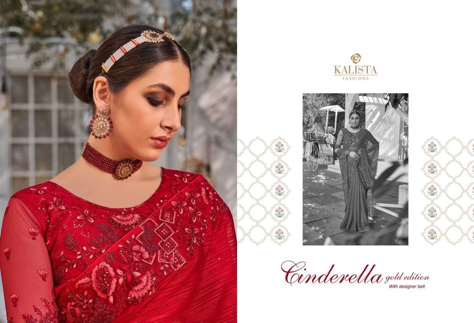 Kalista presents Cinderella gold edition satin organza designer sarees catalog wholesaler 