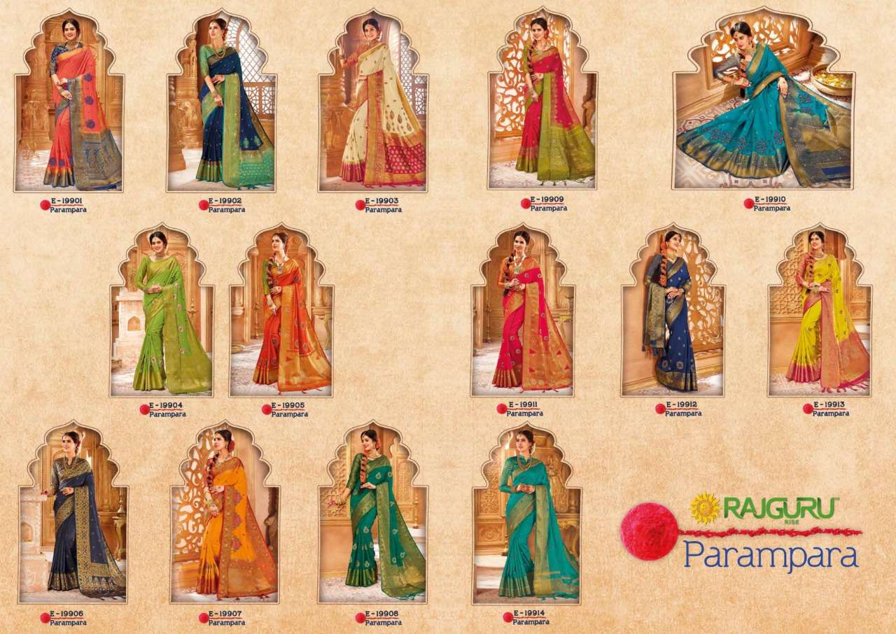 RAJGURU PRESENTS PARAMPARA SOFT RAW SILK FABRIC SAREES CATALOG WHOLESALER AND EXPORTER IN SURAT