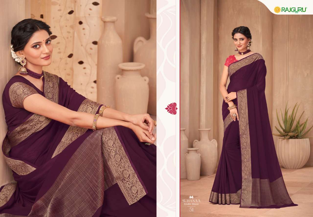 RAJGURU PRESENTS SUHAANA CHIFFON CRAPE BASE FABRIC WITH DOUBLE BLOUSE SAREES CATALOG WHOLESALER AND EXPORTER IN SURAT