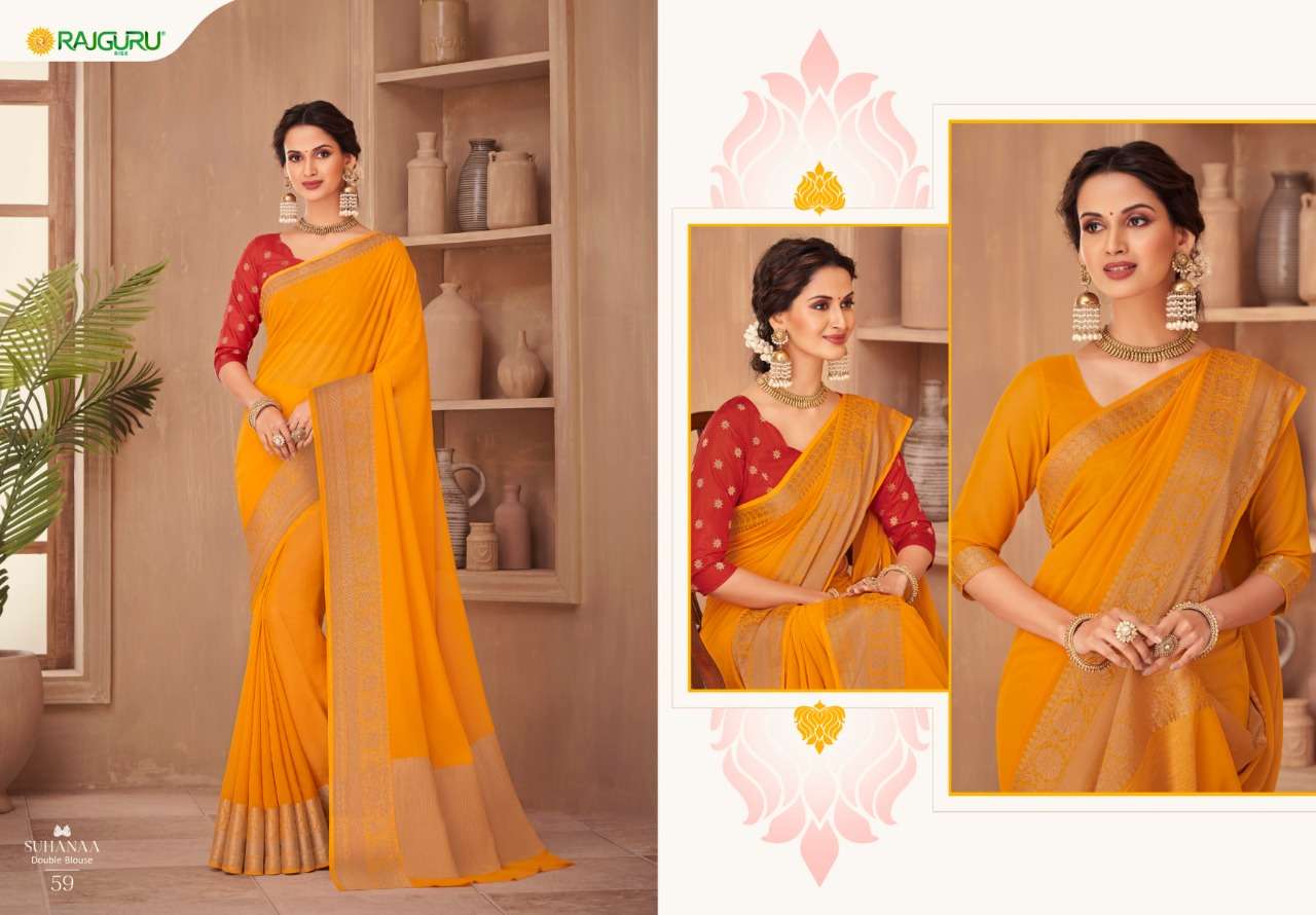 RAJGURU PRESENTS SUHAANA CHIFFON CRAPE BASE FABRIC WITH DOUBLE BLOUSE SAREES CATALOG WHOLESALER AND EXPORTER IN SURAT